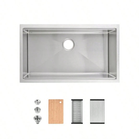 Stainless Steel Kitchen Sink, 33x19 Single Bowl, Undermount Handmade Sink in Dark Gray, with Cutting Board, Colander