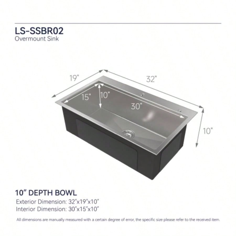 Stainless Steel Kitchen Sink, 32x19 Single Bowl, Overmount Handmade Sink in Brushed Nickel, with US Standard Drain and Hook, LS - SSBR02
