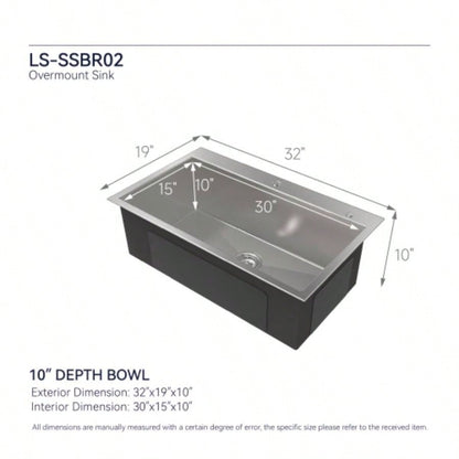 Stainless Steel Kitchen Sink, 32x19 Single Bowl, Overmount Handmade Sink in Brushed Nickel, with US Standard Drain and Hook, LS - SSBR02