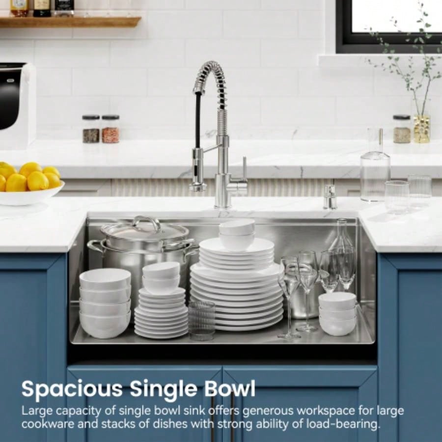Stainless Steel Kitchen Sink, 33x19 Single Bowl, Undermount Handmade Sink in Dark Gray, with Cutting Board, Colander