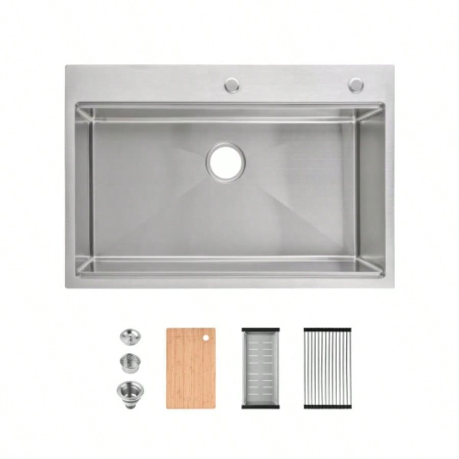 Stainless Steel Kitchen Sink, 33x22 Single Bowl, Overmount Handmade Sink in Brushed, with Cutting Board, Colander, SS - BR01D - 332208