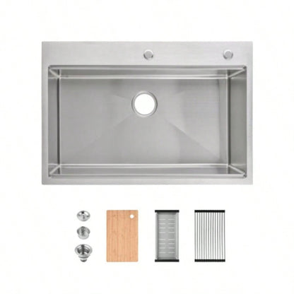 Stainless Steel Kitchen Sink, 33x22 Single Bowl, Overmount Handmade Sink in Brushed, with Cutting Board, Colander, SS - BR01D - 332208