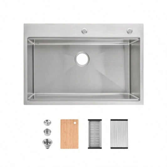 Stainless Steel Kitchen Sink, 33x22 Single Bowl, Overmount Handmade Sink in Brushed, with Cutting Board, Colander, SS - BR01D - 332208