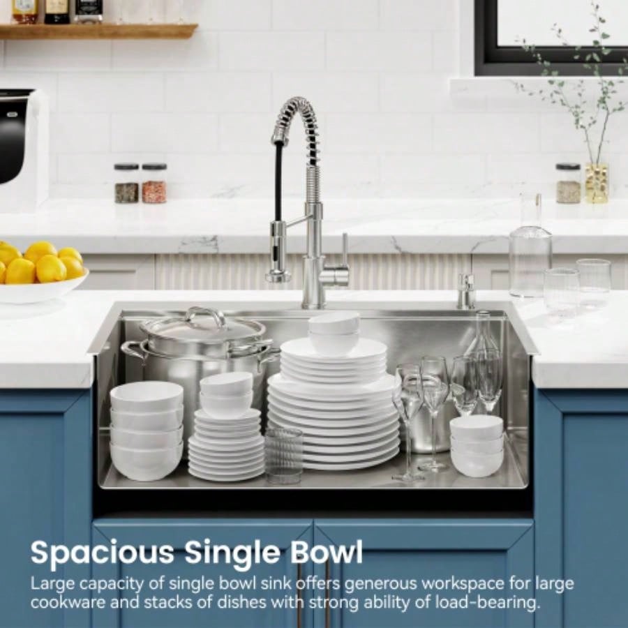 Stainless Steel Kitchen Sink, 33x22 Single Bowl, Overmount Handmade Sink in Brushed, with Cutting Board, Colander, SS - BR01D - 332208