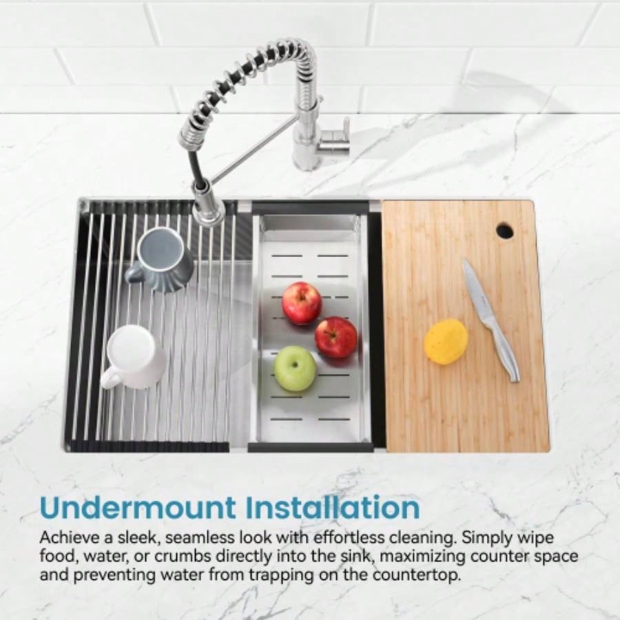 Stainless Steel Kitchen Sink, 33x19 Single Bowl, Undermount Handmade Sink in Dark Gray, with Cutting Board, Colander