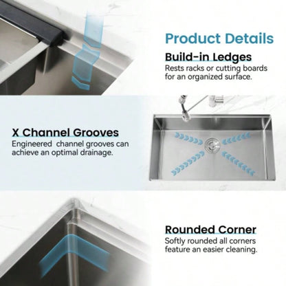Stainless Steel Kitchen Sink, 33x19 Single Bowl, Undermount Handmade Sink in Dark Gray, with Cutting Board, Colander
