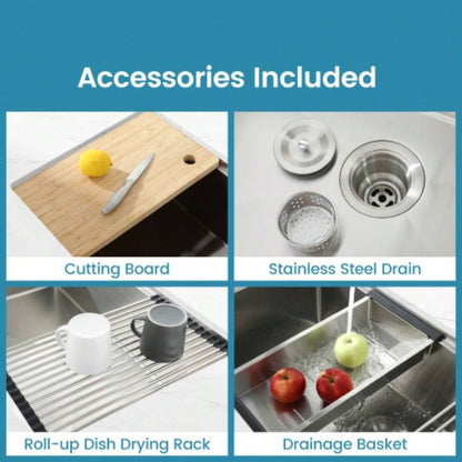 Stainless Steel Kitchen Sink, 33x19 Single Bowl, Undermount Handmade Sink in Dark Gray, with Cutting Board, Colander