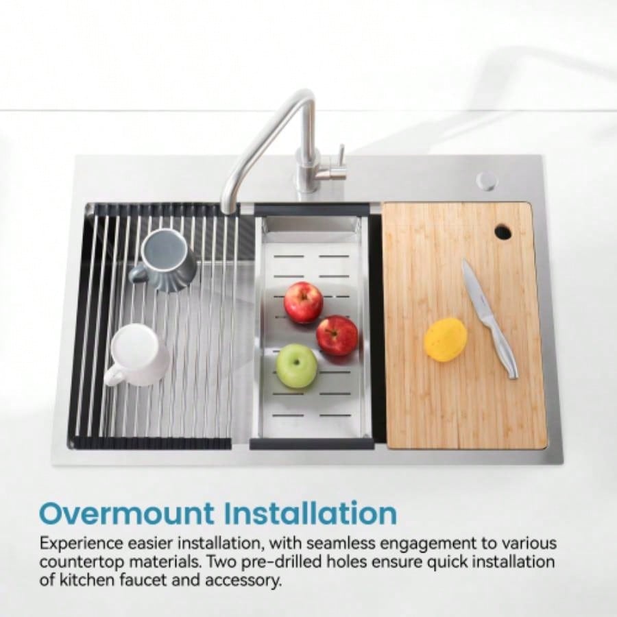 Stainless Steel Kitchen Sink, 33x22 Single Bowl, Overmount Handmade Sink in Brushed, with Cutting Board, Colander, SS - BR01D - 332208