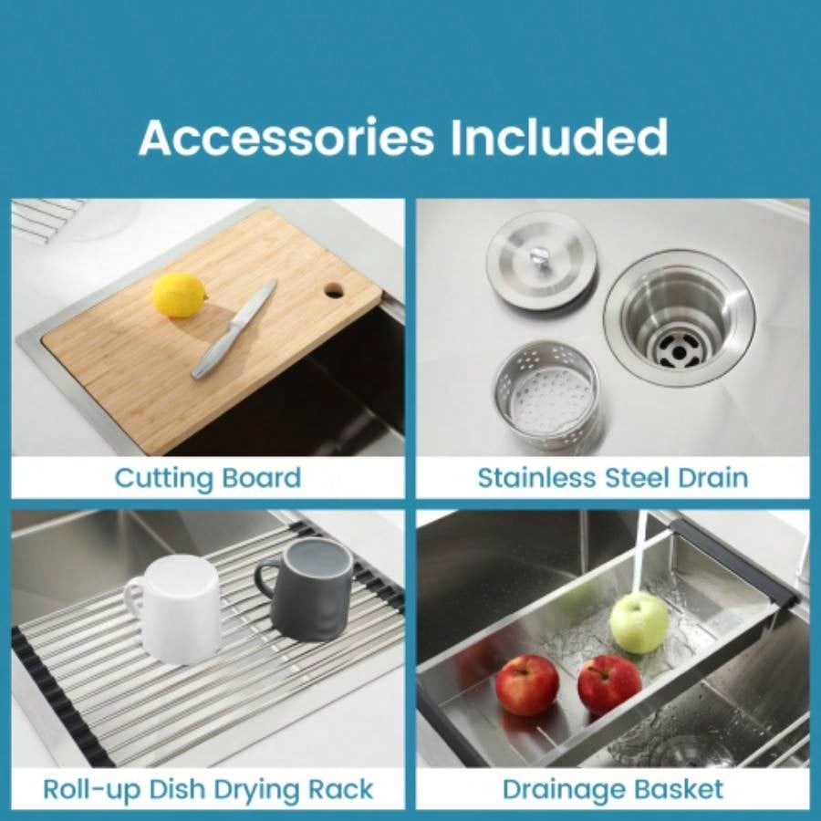 Stainless Steel Kitchen Sink, 33x22 Single Bowl, Overmount Handmade Sink in Brushed, with Cutting Board, Colander, SS - BR01D - 332208