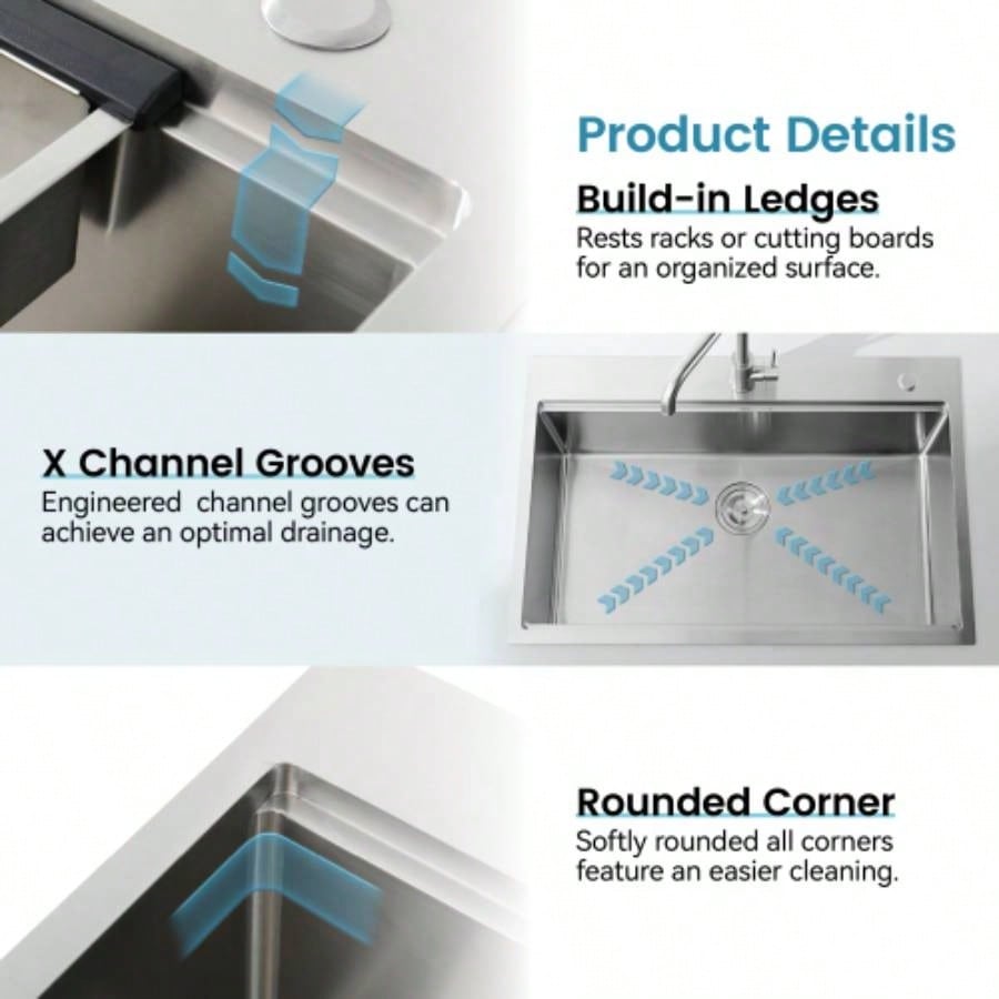 Stainless Steel Kitchen Sink, 33x22 Single Bowl, Overmount Handmade Sink in Brushed, with Cutting Board, Colander, SS - BR01D - 332208