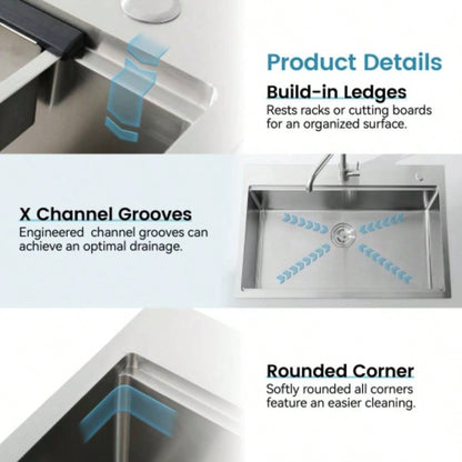 Stainless Steel Kitchen Sink, 33x22 Single Bowl, Overmount Handmade Sink in Brushed, with Cutting Board, Colander, SS - BR01D - 332208