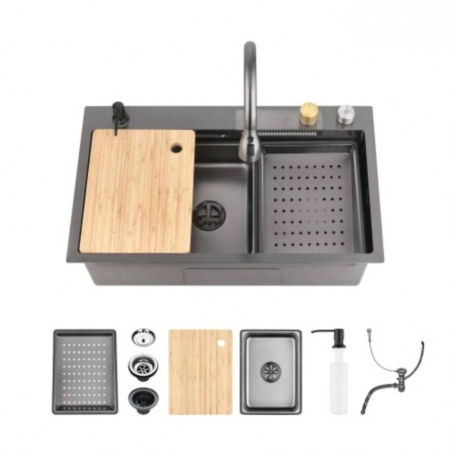 Waterfall Kitchen Sink, Stainless Steel Single Bowl in Black, Multifunctional Workstation with Flying - rain Faucet and Cutting Board, 3022 Stainless Steel Single Bowl Sink, SSBL12