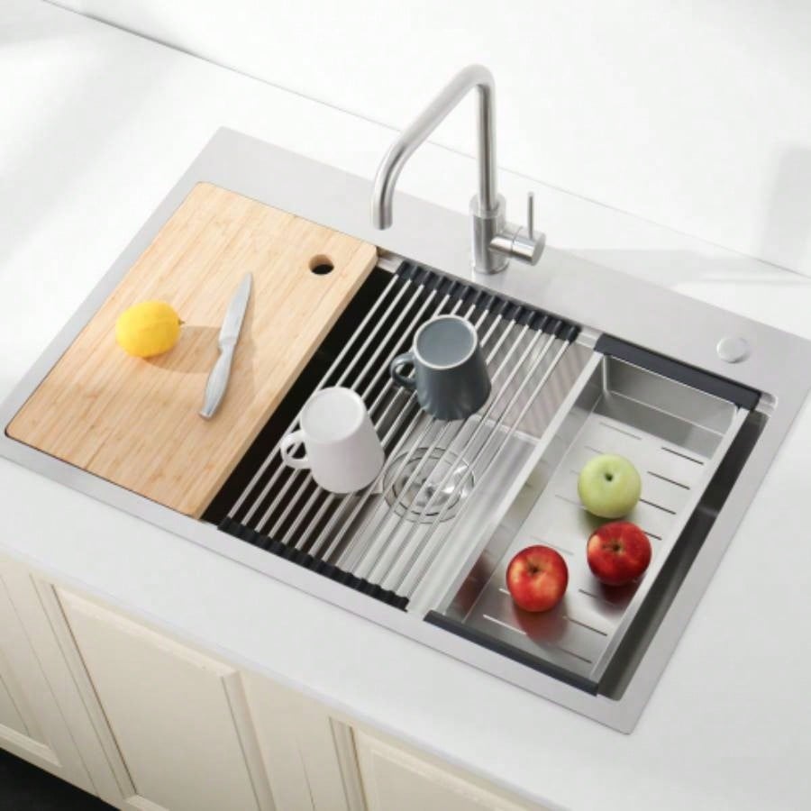 Stainless Steel Kitchen Sink, 33x22 Single Bowl, Overmount Handmade Sink in Brushed, with Cutting Board, Colander, SS - BR01D - 332208
