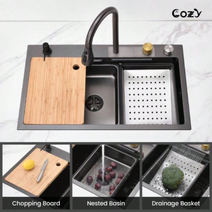 Waterfall Kitchen Sink, Stainless Steel Single Bowl in Black, Multifunctional Workstation with Flying - rain Faucet and Cutting Board, 3022 Stainless Steel Single Bowl Sink, SSBL12