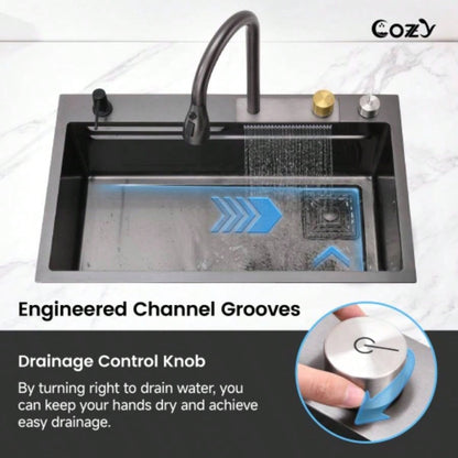 Waterfall Kitchen Sink, Stainless Steel Single Bowl in Black, Multifunctional Workstation with Flying - rain Faucet and Cutting Board, 3022 Stainless Steel Single Bowl Sink, SSBL12