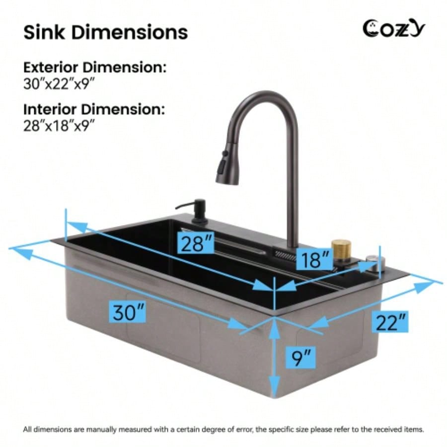 Waterfall Kitchen Sink, Stainless Steel Single Bowl in Black, Multifunctional Workstation with Flying - rain Faucet and Cutting Board, 3022 Stainless Steel Single Bowl Sink, SSBL12