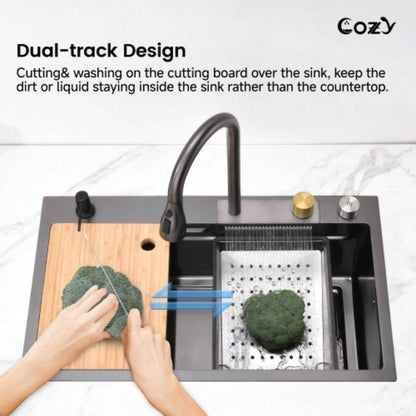 Waterfall Kitchen Sink, Stainless Steel Single Bowl in Black, Multifunctional Workstation with Flying - rain Faucet and Cutting Board, 3022 Stainless Steel Single Bowl Sink, SSBL12