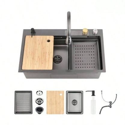Waterfall Kitchen Sink, Stainless Steel Single Bowl in Black, Multifunctional Workstation with Flying - rain Faucet and Cutting Board, 3022 Stainless Steel Single Bowl Sink, SSBL12