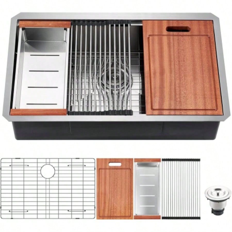 32x 18 inch Undermount Workstation Sink, Stainless Steel Single Bowl Kitchen Sink 18 Gauge