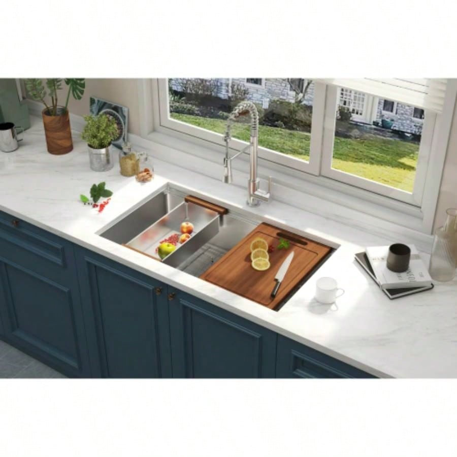 32x 18 inch Undermount Workstation Sink, Stainless Steel Single Bowl Kitchen Sink 18 Gauge