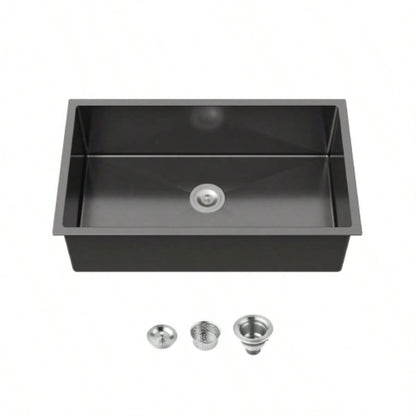 Stainless Steel Kitchen Sink, 33x19 Single Bowl, Undermount Handmade Sink in Black, with US Standard Drain and Hook
