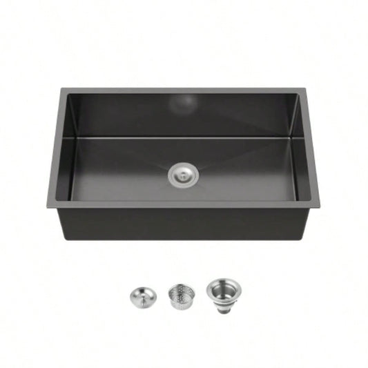 Stainless Steel Kitchen Sink, 33x19 Single Bowl, Undermount Handmade Sink in Black, with US Standard Drain and Hook