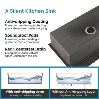 Stainless Steel Kitchen Sink, 33x19 Single Bowl, Undermount Handmade Sink in Black, with US Standard Drain and Hook