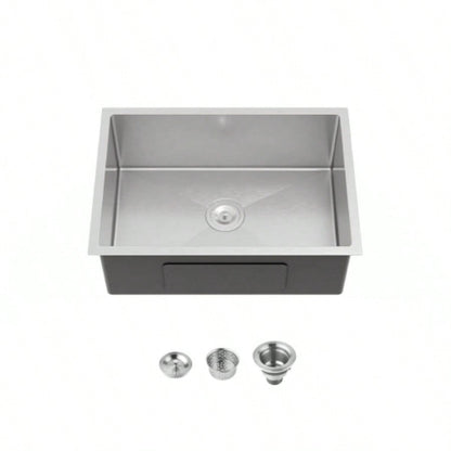 Stainless Steel Kitchen Sink, 27x19 Single Bowl, Undermount Handmade Sink in Brushed Nickel, with US Standard Drain and Hook, LS - SSBR06