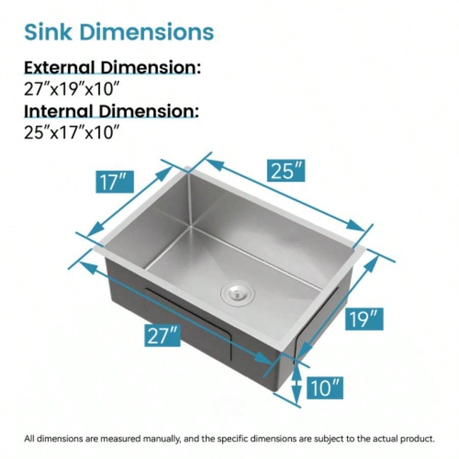 Stainless Steel Kitchen Sink, 27x19 Single Bowl, Undermount Handmade Sink in Brushed Nickel, with US Standard Drain and Hook, LS - SSBR06