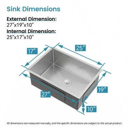 Stainless Steel Kitchen Sink, 27x19 Single Bowl, Undermount Handmade Sink in Brushed Nickel, with US Standard Drain and Hook, LS - SSBR06