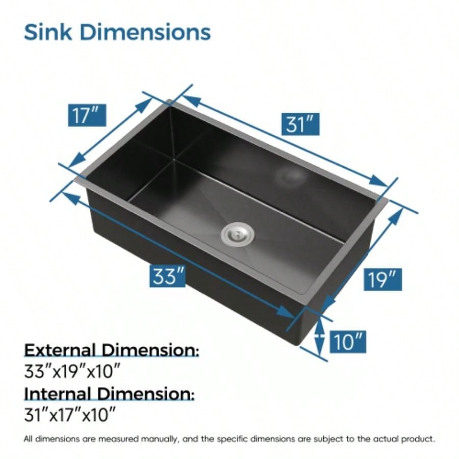 Stainless Steel Kitchen Sink, 33x19 Single Bowl, Undermount Handmade Sink in Black, with US Standard Drain and Hook