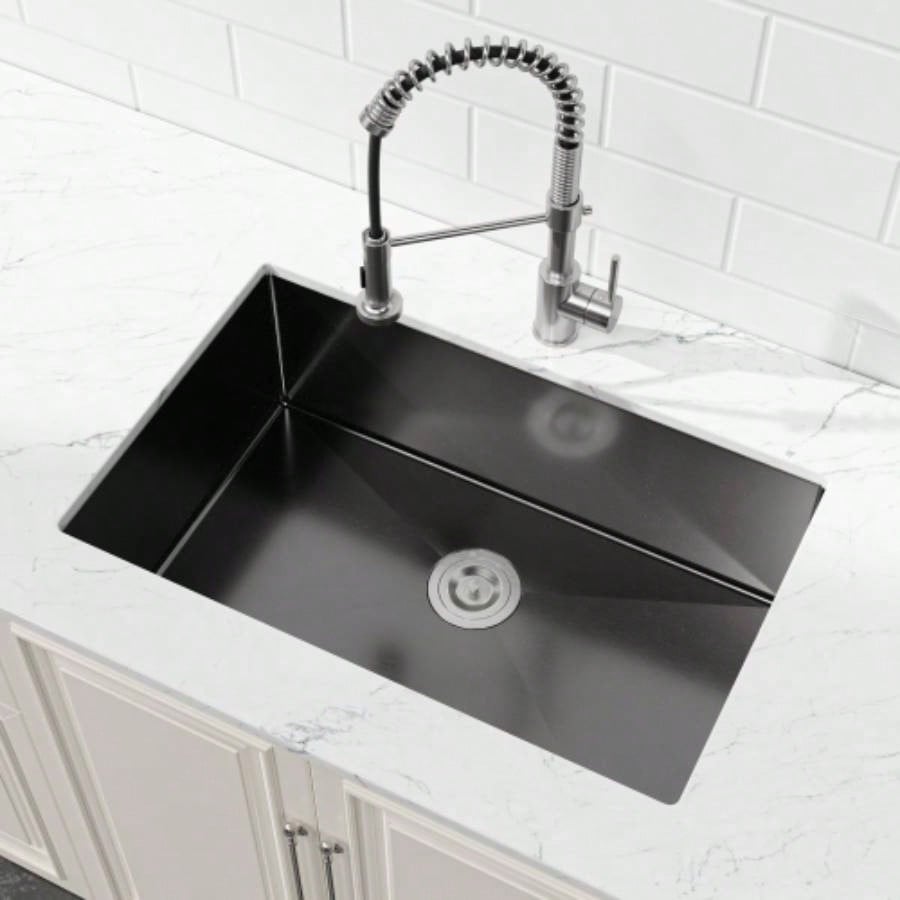 Stainless Steel Kitchen Sink, 33x19 Single Bowl, Undermount Handmade Sink in Black, with US Standard Drain and Hook