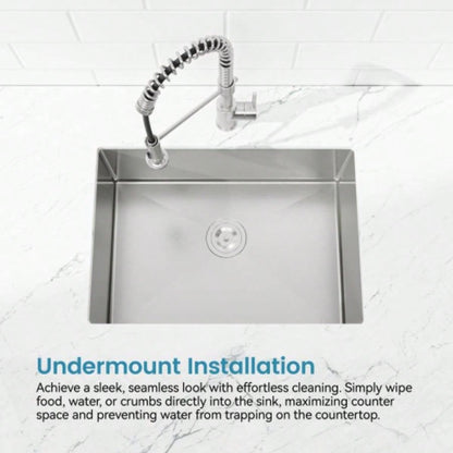 Stainless Steel Kitchen Sink, 27x19 Single Bowl, Undermount Handmade Sink in Brushed Nickel, with US Standard Drain and Hook, LS - SSBR06