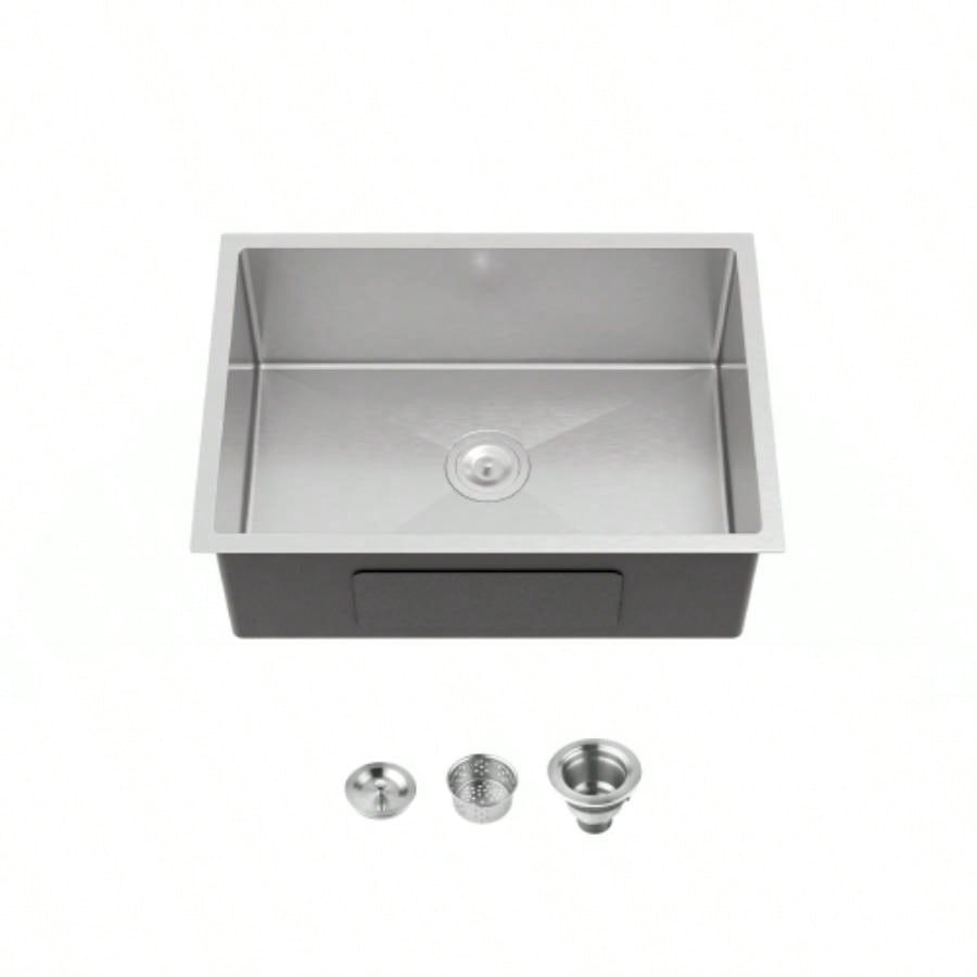 Stainless Steel Kitchen Sink, 27x19 Single Bowl, Undermount Handmade Sink in Brushed Nickel, with US Standard Drain and Hook, LS - SSBR06