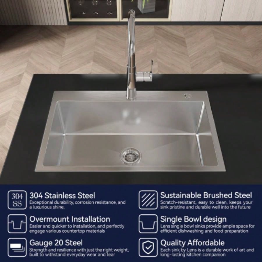 Stainless Steel Kitchen Sink, 30x19 Single Bowl, Overmount Handmade Sink in Brushed Nickel, with US Standard Drain and Hook, LS - SSBR04