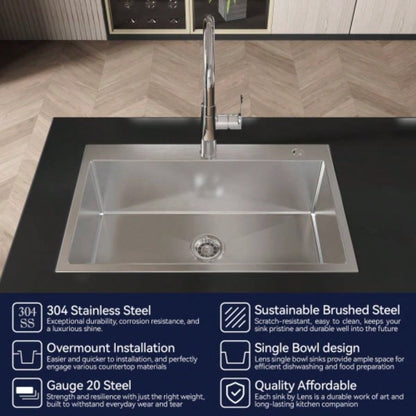 Stainless Steel Kitchen Sink, 30x19 Single Bowl, Overmount Handmade Sink in Brushed Nickel, with US Standard Drain and Hook, LS - SSBR04
