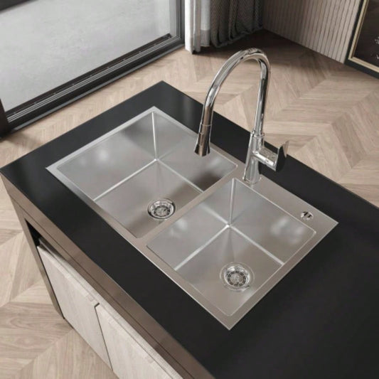 Stainless Steel Kitchen Sink, 32x19 Double Bowl in Brushed Nickel, Overmount Handmade Sink, with US Standard Drain and Hook, LS - SSBR03