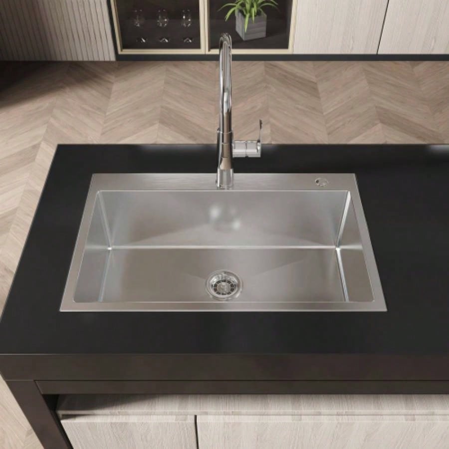 Stainless Steel Kitchen Sink, 30x19 Single Bowl, Overmount Handmade Sink in Brushed Nickel, with US Standard Drain and Hook, LS - SSBR04