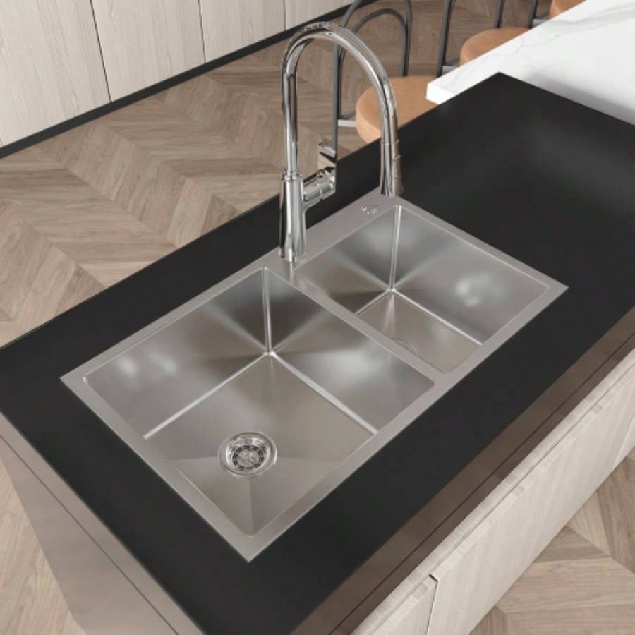 Stainless Steel Kitchen Sink, 32x19 Double Bowl in Brushed Nickel, Overmount Handmade Sink, with US Standard Drain and Hook, LS - SSBR03