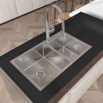 Stainless Steel Kitchen Sink, 32x19 Double Bowl in Brushed Nickel, Overmount Handmade Sink, with US Standard Drain and Hook, LS - SSBR03