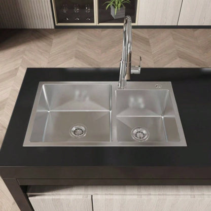 Stainless Steel Kitchen Sink, 32x19 Double Bowl in Brushed Nickel, Overmount Handmade Sink, with US Standard Drain and Hook, LS - SSBR03