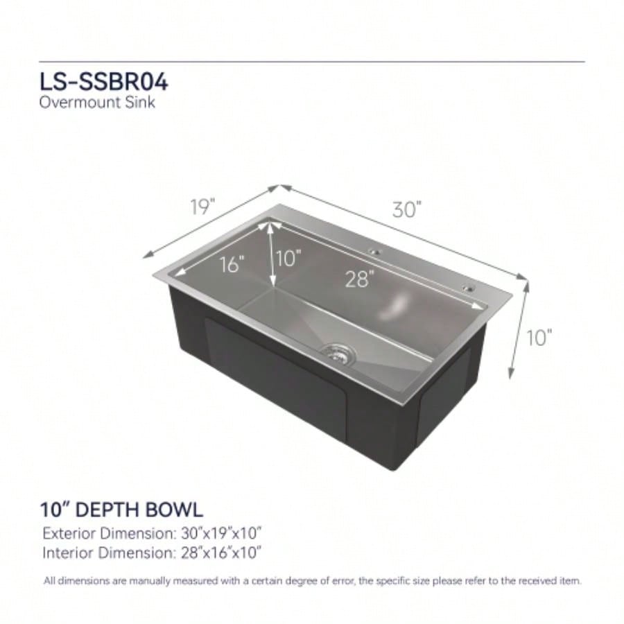 Stainless Steel Kitchen Sink, 30x19 Single Bowl, Overmount Handmade Sink in Brushed Nickel, with US Standard Drain and Hook, LS - SSBR04