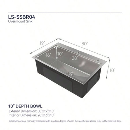 Stainless Steel Kitchen Sink, 30x19 Single Bowl, Overmount Handmade Sink in Brushed Nickel, with US Standard Drain and Hook, LS - SSBR04
