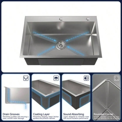 Stainless Steel Kitchen Sink, 30x19 Single Bowl, Overmount Handmade Sink in Brushed Nickel, with US Standard Drain and Hook, LS - SSBR04