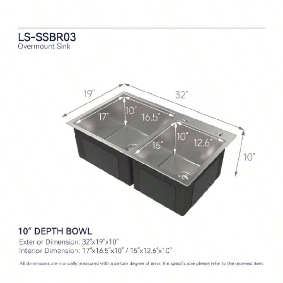 Stainless Steel Kitchen Sink, 32x19 Double Bowl in Brushed Nickel, Overmount Handmade Sink, with US Standard Drain and Hook, LS - SSBR03