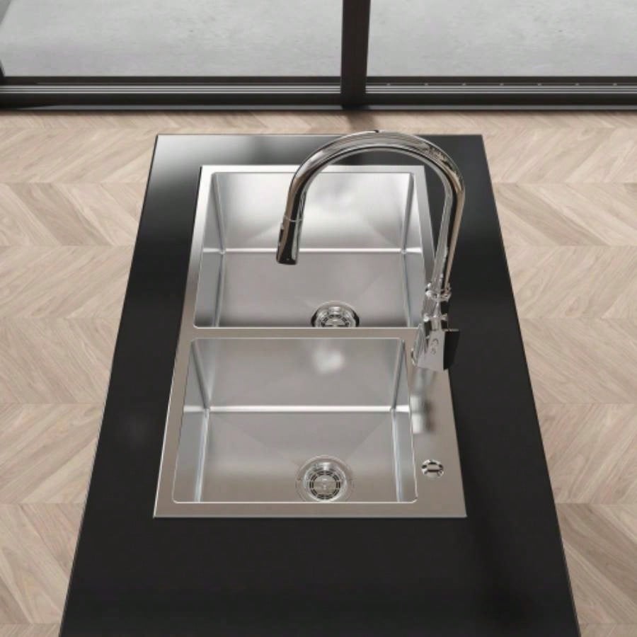 Stainless Steel Kitchen Sink, 32x19 Double Bowl in Brushed Nickel, Overmount Handmade Sink, with US Standard Drain and Hook, LS - SSBR03