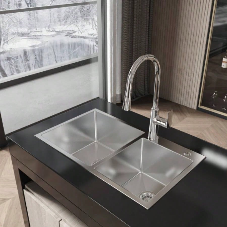 Stainless Steel Kitchen Sink, 32x19 Double Bowl in Brushed Nickel, Overmount Handmade Sink, with US Standard Drain and Hook, LS - SSBR03