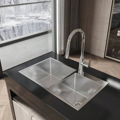 Stainless Steel Kitchen Sink, 32x19 Double Bowl in Brushed Nickel, Overmount Handmade Sink, with US Standard Drain and Hook, LS - SSBR03
