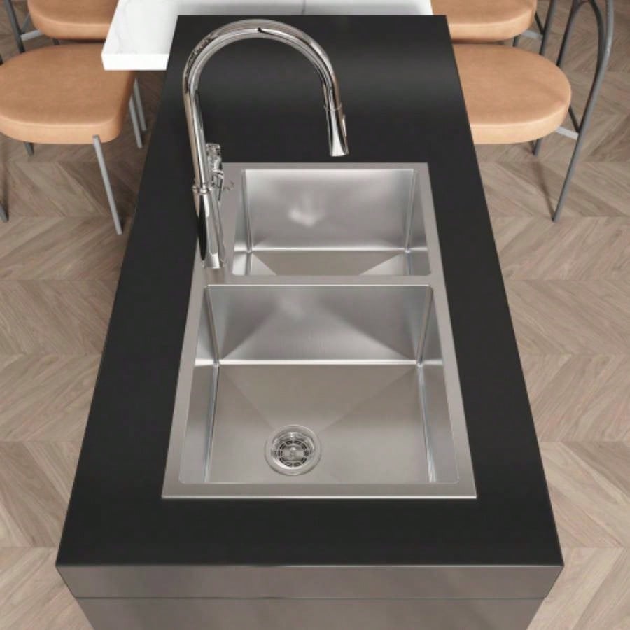 Stainless Steel Kitchen Sink, 32x19 Double Bowl in Brushed Nickel, Overmount Handmade Sink, with US Standard Drain and Hook, LS - SSBR03