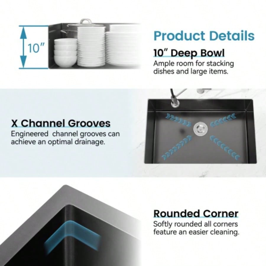 Stainless Steel Kitchen Sink, 27x19 Single Bowl, Undermount Handmade Sink in Black, with US Standard Drain and Hook